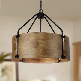 CNRATYE 4-Light Farmhouse Drum Chandelier, Rustic Industrial Round Metal Hanging Light Fixture for Dining Room Foyer Entryway Kitchen Bedroom Living Room, Antique Woodgrain Finishe