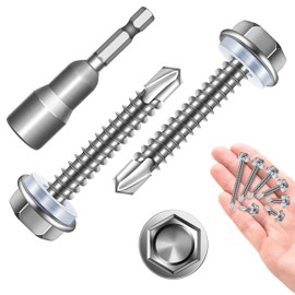 Self Tapping Screws for Metal 50Pcs #10 x 1-1/4", 410 Stainless Steel Hex Head Sheet Metal Screws, Self Drilling Screws for Metal, High-Strength Quick Self-Tapping Screws by Marysino