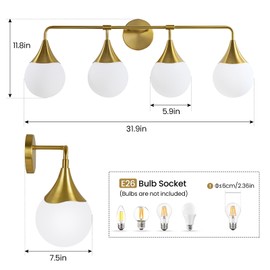 HAHZT Bathroom Vanity Light Fixtures: 4 Lights Mid Century Modern Bathroom Lighting Fixtures Over Mirrors - Brass Gold Wall Sconce with Milky Glass Ball Shades for Bath Bedroom