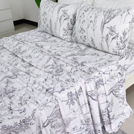 Usfivefam Floral Sheet Set Queen, White Floral Printed Sheets Soft Microfiber Toile Pattern Sheet Set with 17.5" Deep Pocket, 4PCS Luxury Vintage Chic Style Botanical Sheets for Girls Autumn