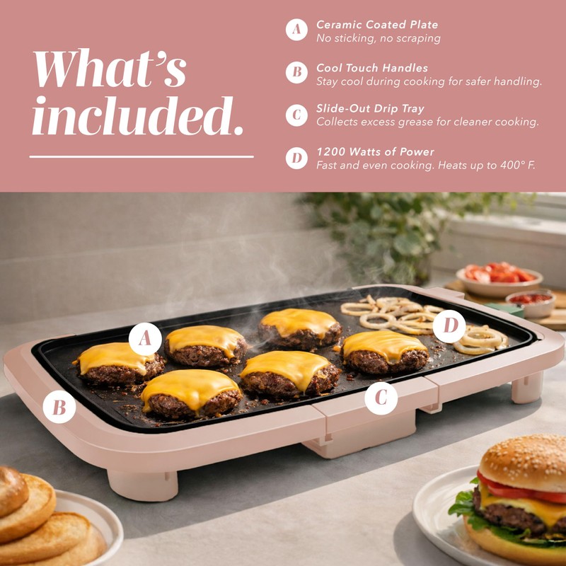 COOK WITH COLOR Electric Griddle 1200W, Nonstick Surface for Pancakes,