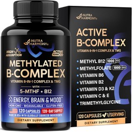 Vitamin B Complex Methylated - B-Complex with Methylfolate & B12 - Bioavailable for Men & Women - 9-in-1 Methylated Multivitamin - Energy, Brain & Mood - Vegan - Lab Tested - 120 Capsules, One/Day