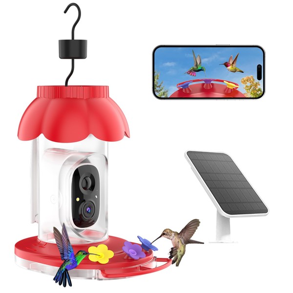 Hummingbird Feeder with Camera, Solar Powered, AI Identify Bird Breed,1080P