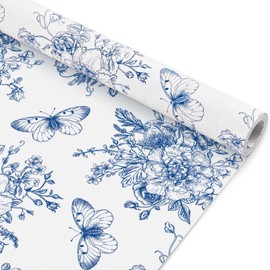 1 Roll Blue Floral Wrapping Paper Vintage Butterfly Flowers Pattern Gift Wrap Paper for Birthday Party Wedding Bridal Shower Spring Tea Party DIY Craft, 17 Inches X 33 Feet
