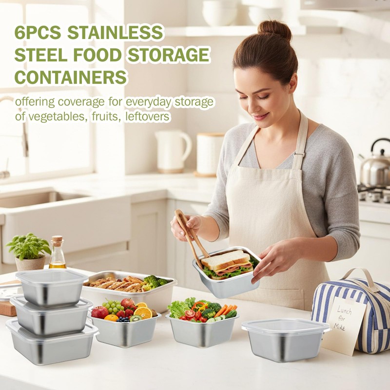 Teecyhooo 6 Pcs 304 Stainless Steel Food Storage Containers with