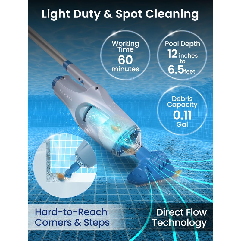 KOKIDO (2025) Rechargeable Handheld Pool Vacuum, Aluminum Pole and 2