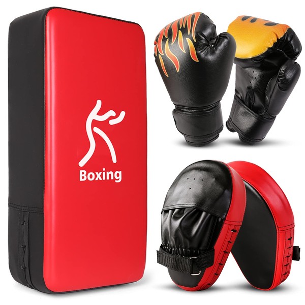 Odoland 3-in-1 Boxing Pads Gloves Punching Mitts Kick Pack Set for Kids Youth, Boxing Mitts Focus Pads, Taekwondo Kick Pad, Kids Boxing Gloves for Boxing, Kickboxing, Karate, Muay Thai, MMA Training