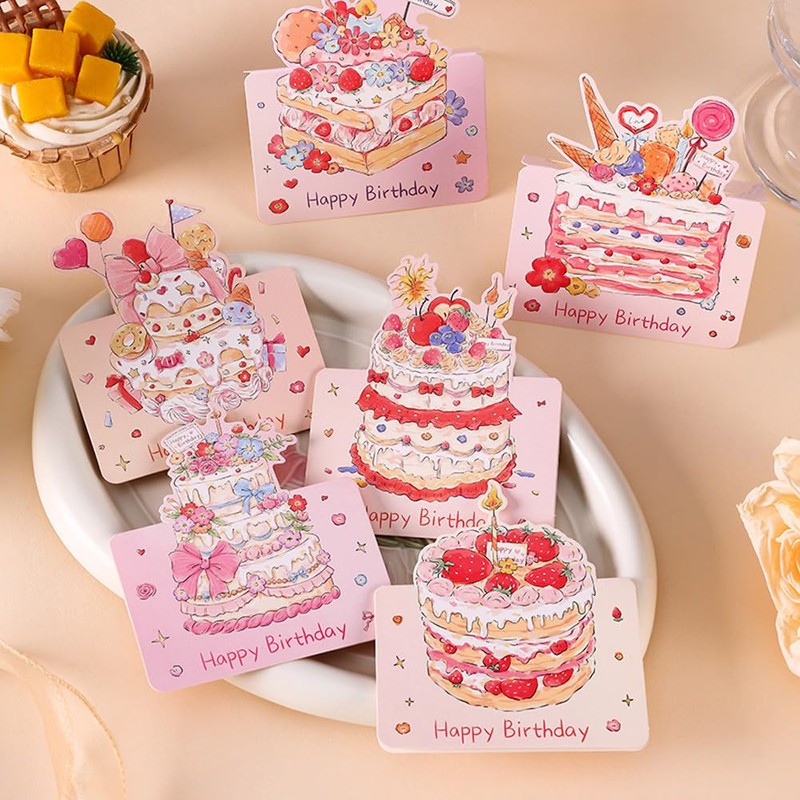 Youchicnow メッセージカード バースデーカード 6枚セット 水彩風ケーキデザイン 折りたたみ式 グリーティング お誕生日おめでとう 感謝カード ミニレター