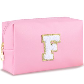 URSKYTOUS Initial Preppy Makeup Bag for Women Travel Large Cosmetic Bag Cute Pink Makeup Pouch for Purse Zippered Toiletry Bag Organizer PU Leather Aesthetic Makeup Brushes Storage Bag Makeup Case, F