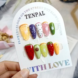 TENPAL Summer Fruit Press on Nails - Vibrant Almond Shaped Fake Nails with Kiwi, Watermelon & Avocado Designs | Reusable Colorful Nail Art for Women | Tropical Fruit Manicure Set (Medium Length,S)