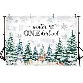 MEHOFOND 7x5ft Winter Onederland Backdrop Kids 1st Birthday Photography Background Winter Wonderland Silver Snowflake Pine Tree Deer 1st Birthday Party Decorations Banner Photo Booth Props
