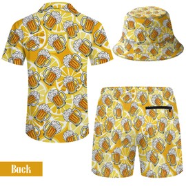 OOTBIN Mens 3 Piece Tracksuit Funny Hawaiian Shirt and Shorts Sets Beer Shirts for Men Festival Button Down Beach Outfits with Bucket Hats Large