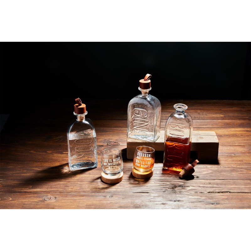 Mud Pie Gin Glass Leather Decanter Pitchers, 10 3/4" x