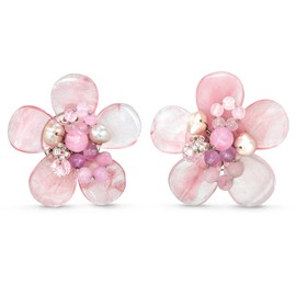 AeraVida Cute Tropical Flowers Mix of Pink Kunzite, Agate, Crystal, and Pearl Clip-On Earrings | Tropical Flower Clip on Earrings | Pink Crystal Earrings