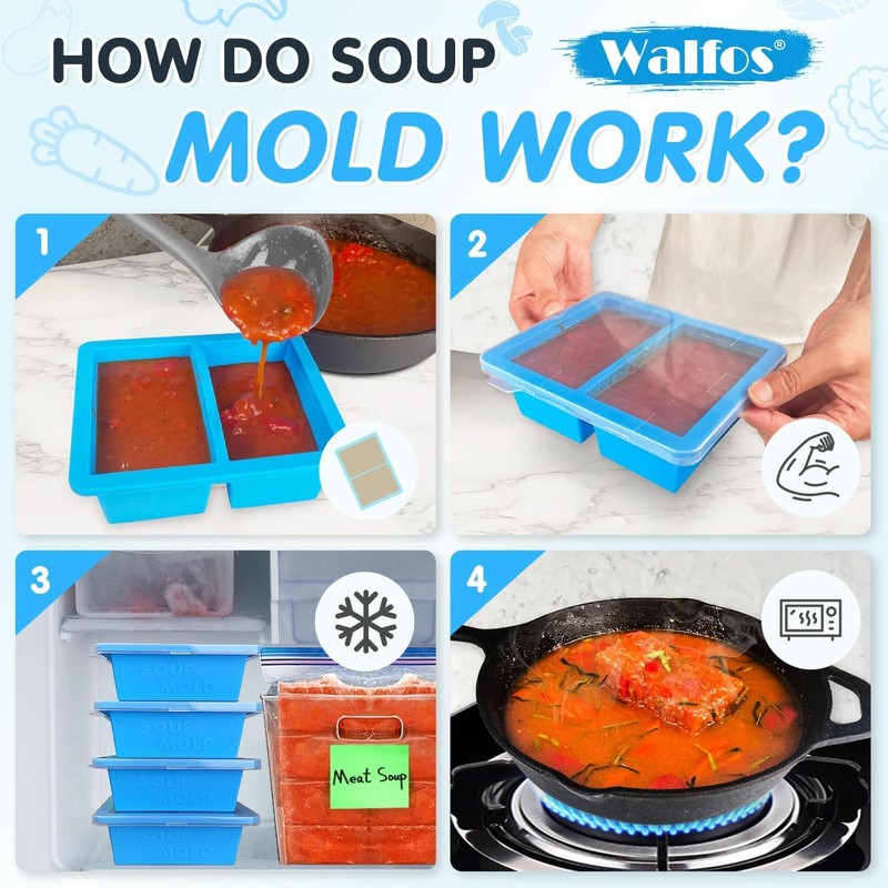 Walfos Silicone Freezer Tray with Lid - 1.5Cup Silicone Food