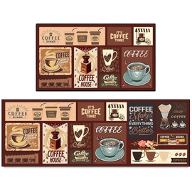 ALXRLXR 2 Piece Farmhouse Kitchen Rug Set, Rustic Vintage Style Theme Decor Kitchen Rugs Non Slip Cushioned Washable Kitchen Mats 17"x47"+17"x30" (Coffee, 17 * 30+17 * 47 Inches)