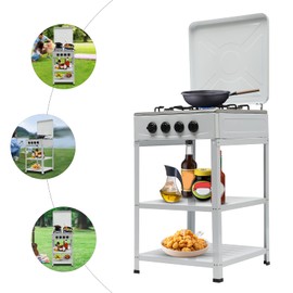 DOONARCES Portable Outdoor 4 Burner Gas Stove Professional Camping Stove RV Cooking Stove with 2 Shelves & Leg Stand Outdoor BBQ Grill Cooker Camping Stove for Home Use 300,000 BTU (White)