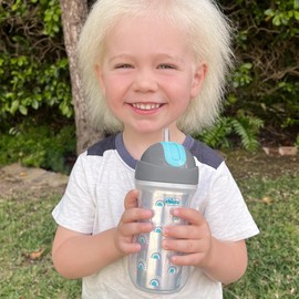 Chicco 9oz. Double-Wall Insulated Flip-Top Sippy Cup with Silicone Straw and Spill-Free Lid | Top-Rack Dishwasher Safe | Easy to Hold with Ergonomic Indents | Sunburst Silver/Blue | 12+ months