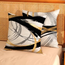 Boho Pillow Covers 18x18 Inch Abstract Black Gold Striped Throw Pillow Covers Set of 2 Modern Ink Pillow Cases Outdoor Decorative for Living Room Bedroom Linen Square Cushion