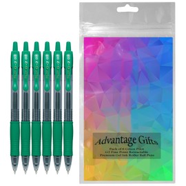 Advantage Gifts G2 Retractable Premium Gel Ink Roller Ball Pens Fine Point Fine Point (.7mm) Green Ink 6-pk; Refillable & Premium Comfort Grip Bundle with Plastic Reusable Pouch