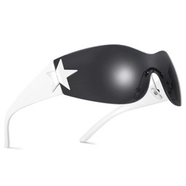 NULOOQ Rimless Y2K Sunglasses for Women Men – Trendy Star Shield Wrap Around Sunglasses Oversized Frameless Sun Glasses (White/Gray)