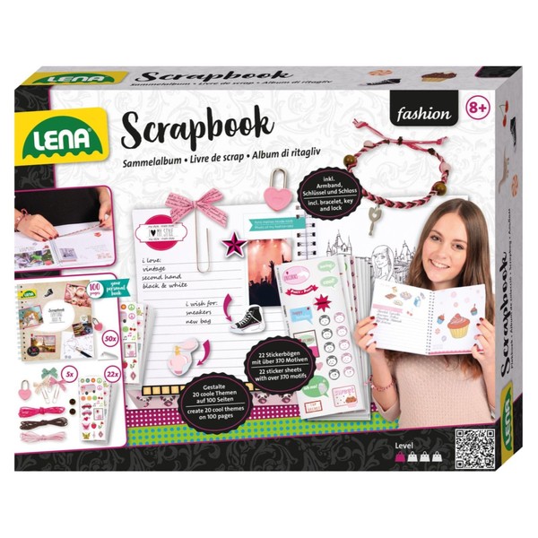 Lena 42331 Large Scrapbook Craft Set, Complete Set with Scrapbook Album, Lock, 22 Sticker Sheets with 370 Designs, Photo Corners, Clip Bows and Accessory for Bracelets, Creative Set for Children from 8 Years