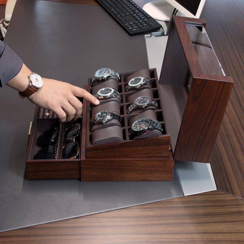 High End Watch Box for Men, 12 Slot Wooden Watch