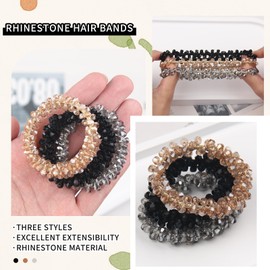 Totelux Rhinestone Hair Ties Crystal Hair Scrunchies Elastics Ponytail Holder Hair Band Sparkly Hair Accessories for Women Girls Black Silver Champagne 3Pcs