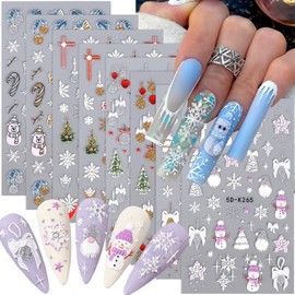 8 Sheets Christmas Nail Art Stickers Decals, 5D Embossed Snowman Bells Snowflake Christmas Tree Holiday Nail Art Design Stickers Winter Xmas Nail Supplies for Women Girls New Year Stickers Decoration