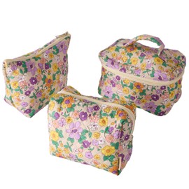 Sparkle Being Petal Perfect Floral Quilted Cotton Cosmetic Zipper Pouch, Large Capacity Makeup Accessories Storage Bag for Women Girls, Aesthetic Coquette Travel Toiletry Organizer (Set of 3)