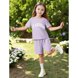 Dorbee Toddler Girl Summer Outfits Girls Fashion Kids Clothes Plaid Print and School Girl Outfit, Purple, 5-6 Years
