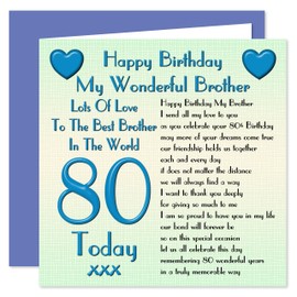 Brother 80th Happy Birthday Card - Lots Of Love To The Best Brother In The World - 80 Today