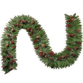 Joiedomi 9 Ft Artificial Christmas Garland Prelit with 50 Warm White String Lights, Pine Cones and Red Berries for Christmas Holiday Season Decorations