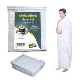 Ihram for Umrah Men (43x86 Inch), 100% Cotton Ehram for Umrah Men & Hajj, Comfortable & Hygienic Natural Ahram for Umrah Men, Set of 2 Sweat Absorbent Towels, Lightweight Umrah Clothes for Muslim Men