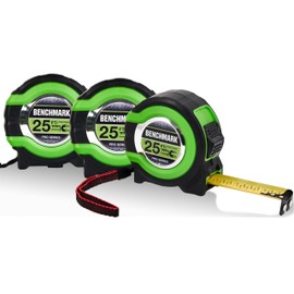 Benchmark - 3 Pack - 25 ft Tape Measures - Easy to Read Fractions to 1/8th inch - Magnetic Claw Tip - Thumb and Quick Lock - Autowind - Belt Clip - Green