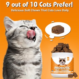 Daily Probiotics for Cats - 90 Salmon Flavored Soft Chews with Natural Pumpkin Powder for Healthy Gut & Sensitive Tummy. Reduces Scooting, Loose Stools, Smelly, Itchy Ears for Small, Medium Cats