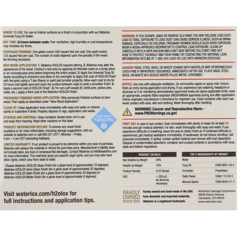 Waterlox H2OLoX Water Based - Satin Finish - Quart
