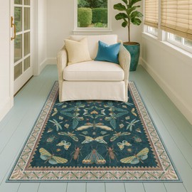 Hazo Haus Dark Teal 4x6 Floor Rug for Living Room - Vintage Floral Forest Insect Print, Washable Low Pile Non-Slip Area Rugs for Door Mat Entrance, Mudroom, Kitchen, Bedroom Beside Bed, Office