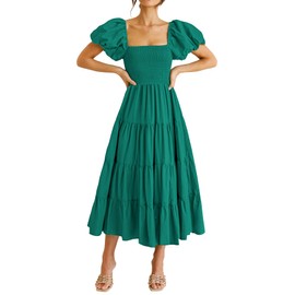 PRETTYGARDEN Women's Casual Summer Midi Dress Puffy Short Sleeve Square Neck Smocked Tiered Ruffle Dresses (Dark Green,Large)