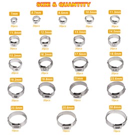 AKIHISA 420Pcs 20 sizes Single Ear Hose Clamps, 7-28.6mm 304 Stainless Steel Pex Crimp Rings Kit, Crimp Hose Clamp Assortment Set for Securing Pipe Hoses and Automotive Use