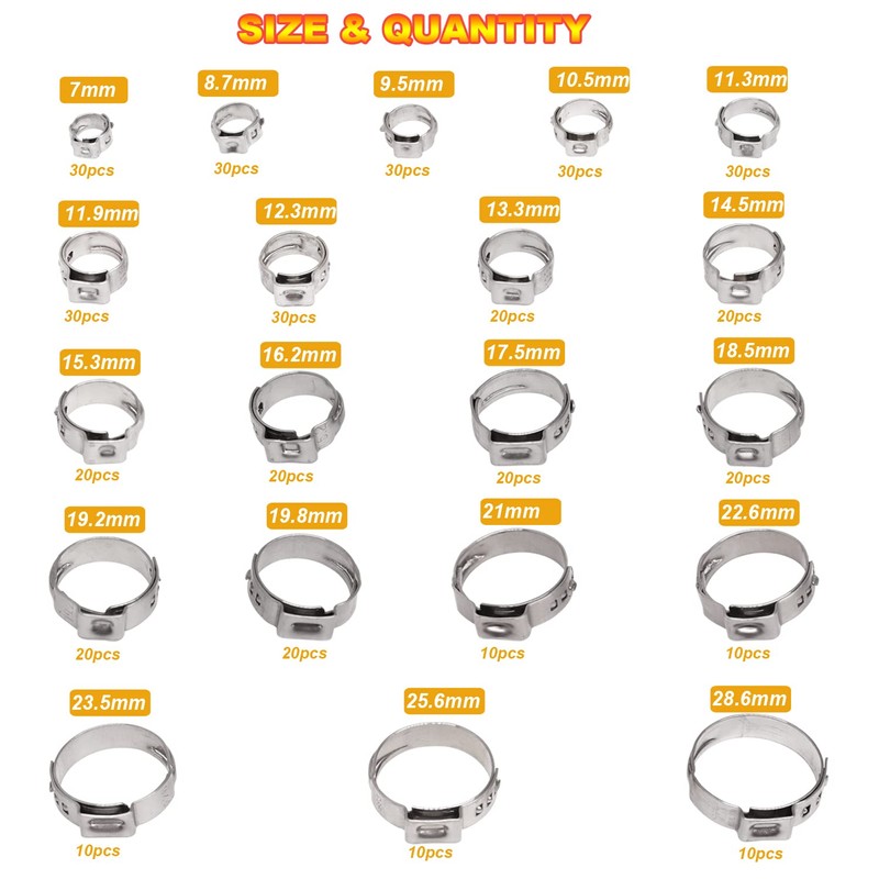 AKIHISA 420Pcs 20 sizes Single Ear Hose Clamps, 7-28.6mm 304