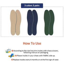 Sintege 3 Pairs Breathable Shoe Insoles Inserts Ultra-Soft Cushioning Walking Comfort Double-Layer Latex Foam Perforated Replacement Insoles for Men 7-11 Woman 2-8(Khaki, Green, Blue)