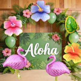 7Pcs Tropical Party Balloons Set, Hibiscus Flower Flamingo Palm Leaf Foil Balloons for Hawaiian Aloha Luau Party, Summer Beach Pool Decor, Island Princess Ocean Birthday Party,Globos de hibisco