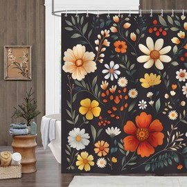 Dazzlewall Black Floral Shower Curtain, Boho Colourful Flower Vintage Farmhouse Bathroom Curtain 180x180cm, Waterproof Mould Resistant Fabric with 12 Hooks