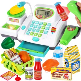 HERSITY Childs Big Toy Till Cash Register with Scanner, Kids Shopping Till Play Money Cashier Toys Supermarket Checkout Pretend Play Grocery Games for Toddler Boys Girls 3 4 5 Year Old