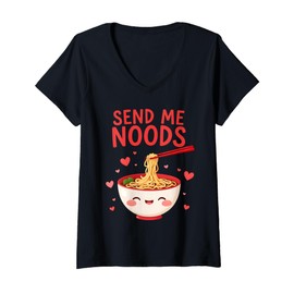 Womens Send Me Noods Funny Noodle Pun Design Playful Asian Humor V-Neck T-Shirt