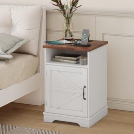Smart FENDEE Farmhouse White Nightstand with Charging Station, Rustic End Table with Barn Door, Wood Sofa Side Bedside Table with Open Storage Shelf for Bedroom
