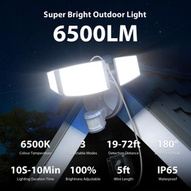 iMaihom 65W 6500LM Motion Sensor Outdoor Light, Plug In LED Security Lights 3 Heads Motion Detection Outdoor Light, Dusk to Dawn, IP65 Waterproof Flood Light with Remote Control for Yard Garage(White)