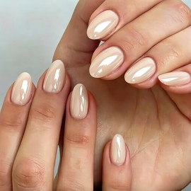 SXVME Uñas postizas cortas ovaladas color nude claro cromado, 32 piezas de uñas postizas gruesas y bonitas con acabado brillante y diseño de espejo, u
