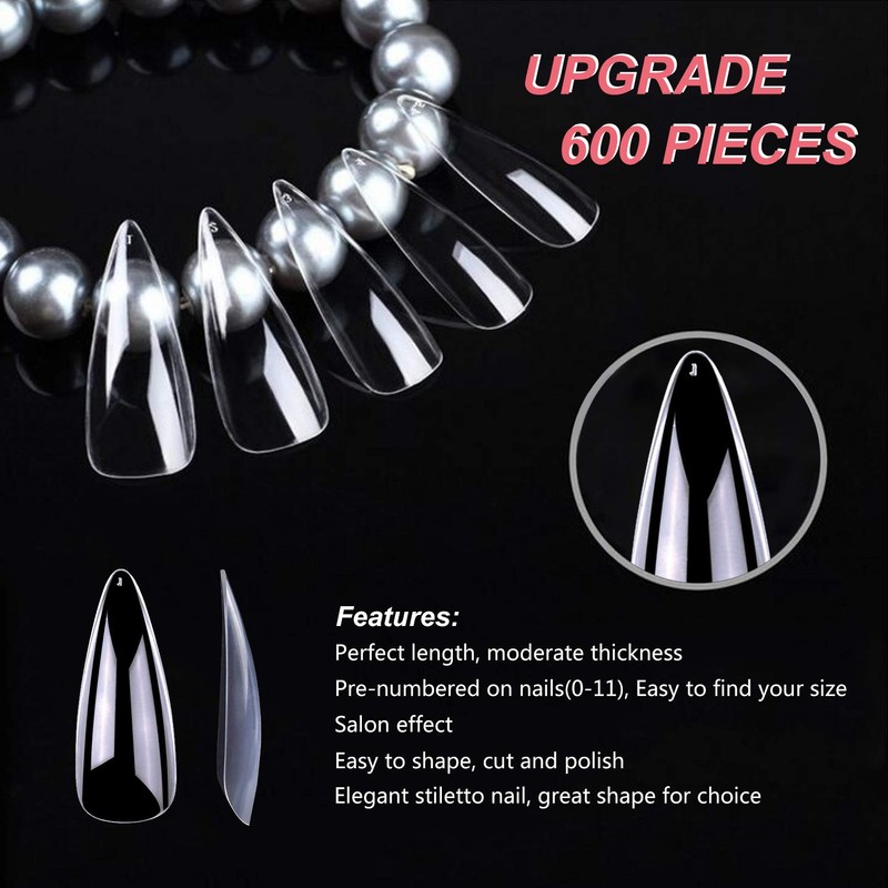 600 Pieces Long False Nails Stiletto FITDON Transparent Full Cover